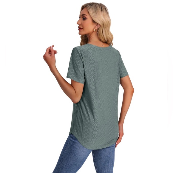 V-Neck Olive Green Short Sleeve Shirt - Picture 5 of 6